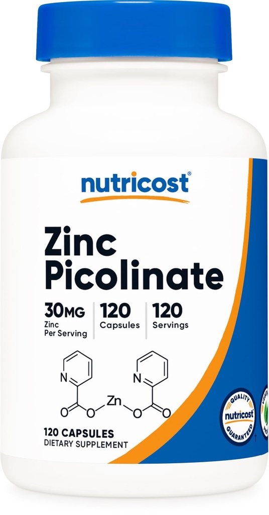 Picolinato de zinco de nutricosto 30mg, 120 Cápsulas - Gluten Free e Non-GMO