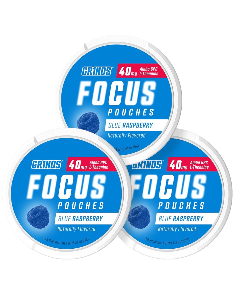 GRINDS Focus Pouches - naturalmente saboreado com ingredientes nootrópicos - contém Alpha GPC e L-Theanina, livre de açúcar - 3 Pack, 18 Pouches por lata - framboesa azul