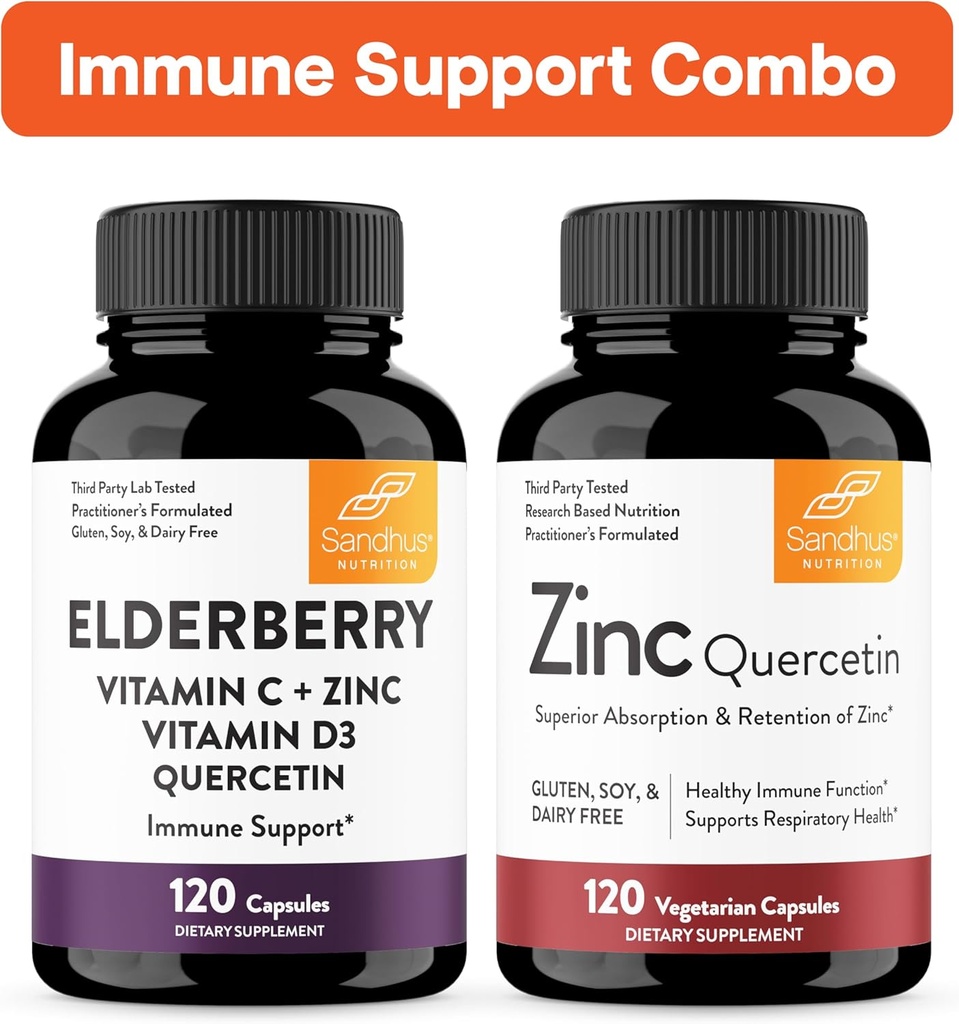 Sandhu's Imune Support Combo & Zinc Quercetin Cápsulas Bundle Suporte Imune Saúde