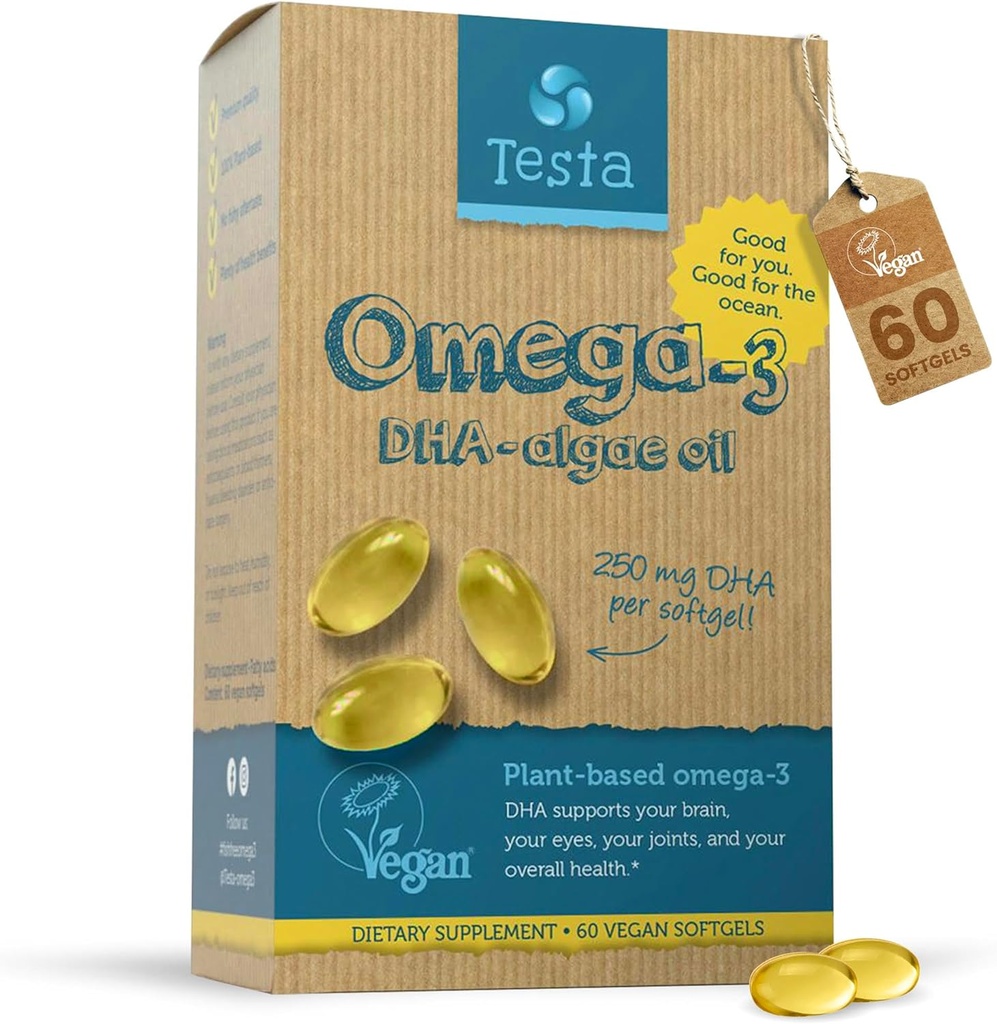 Testa Omega 3 Suplemento - 250mg DHA de óleo de algas - Vegan Omega 3 - Suporta Cérebro, Olho & Saúde Conjunta - Não de peixes, puras cápsulas de algas - Dois meses de fornecimento