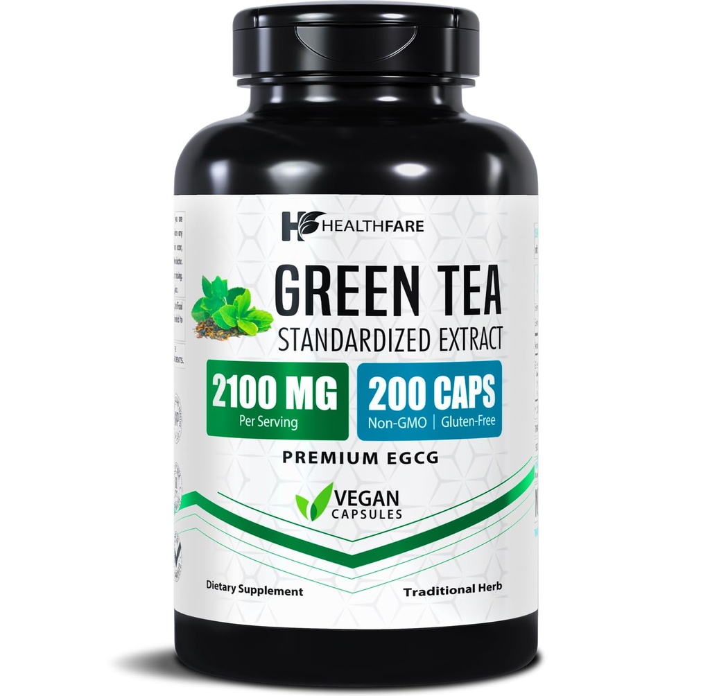 Healthfare Green Tea Extract Pills 2100mg Supplement Standardized with EGCG & Polyfenols □ 200 Cápsulas Vegan □ Suporte antioxidante de força extra