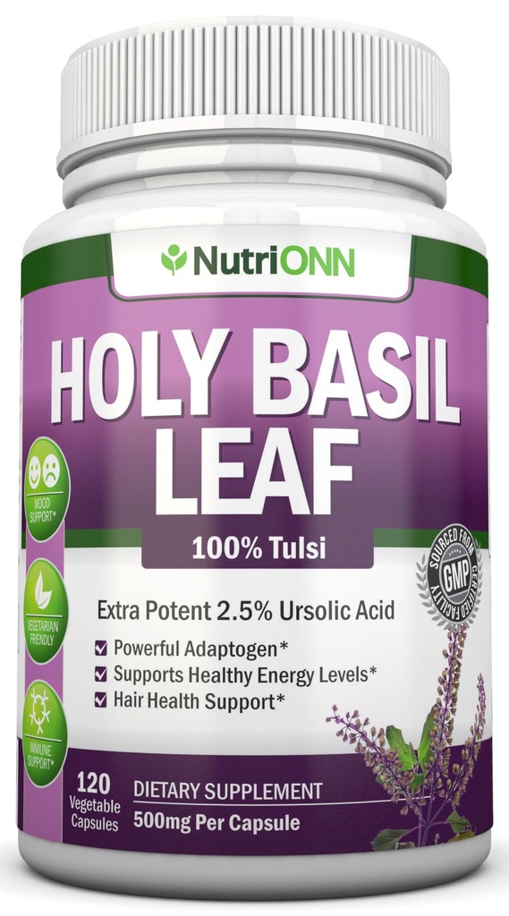 Holy Basil Leaf Cápsulas - 500mg - 2,5% Ácido Ursólico - 120 Cápsulas Vegan - Real Tulsi Extract Supplement - Positive Mindset - Adaptogenic & Ayurvedic Herb
