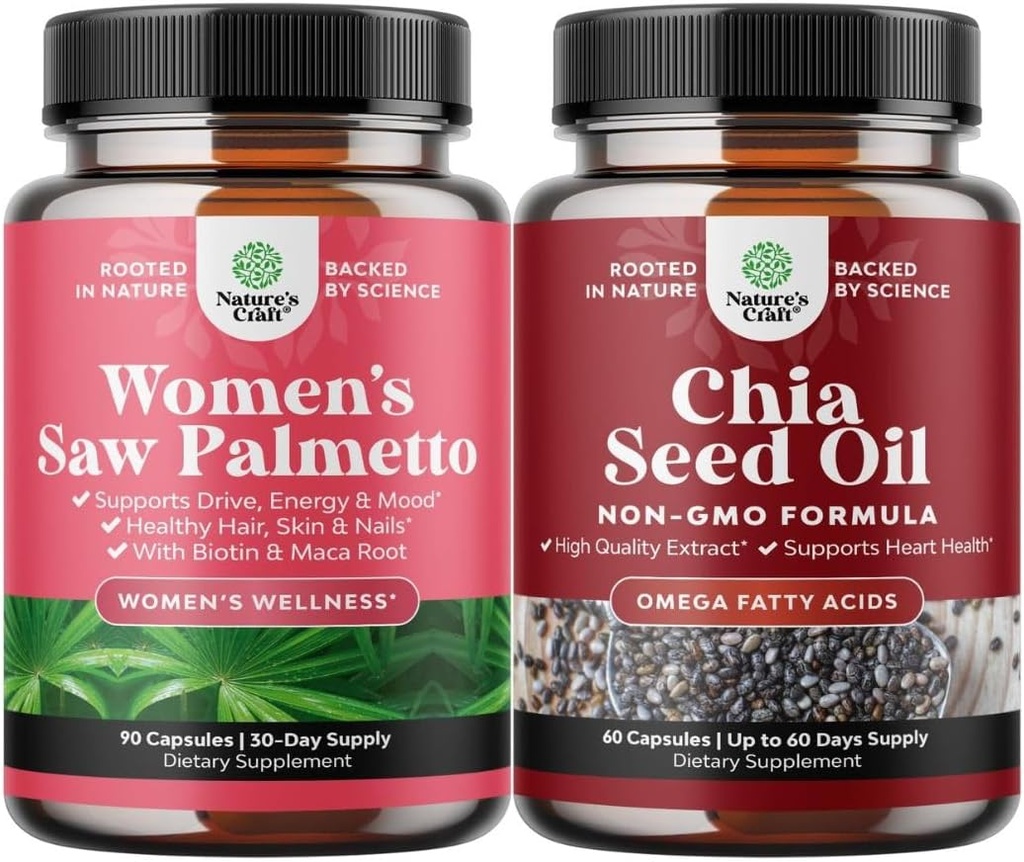 Pacote de extra força serra Palmetto para mulheres e Chia Sementes Oil Extract Cápsulas - mais forte mais grosso mais rápido cabelo crescimento vitaminas - planta baseado Omega 3 6 9 Suplemento e cápsulas de fibra diária