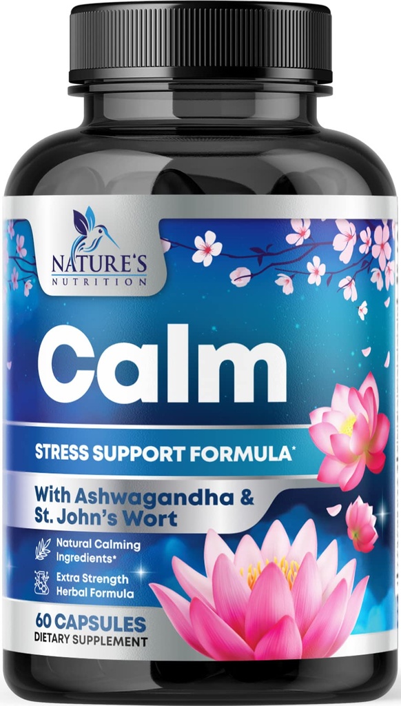 Natural Calm, Deswind & Relax Support - Ashwagandha, GABA, Magnésio, L-Theanina & Mais - Natural Focus, Energia & Imune Support - Nature's Non-GMO, Vegan, Gluten Free, Bottled in USA - 120 Cápsulas