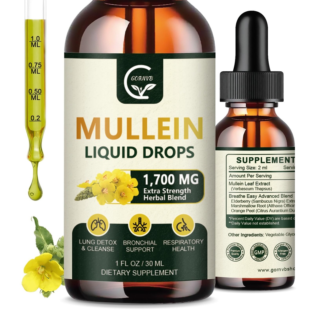 (2 Pack) Mullein Drops para Pulmões - Pulmões Limpeza e suporte respiratório, poderoso 4 em 1 Extrato de Folha de Mullein com Elderberry, Raiz de Marshmallow e Peel Laranja para Apoio Bronquial, 1 Fl Oz
