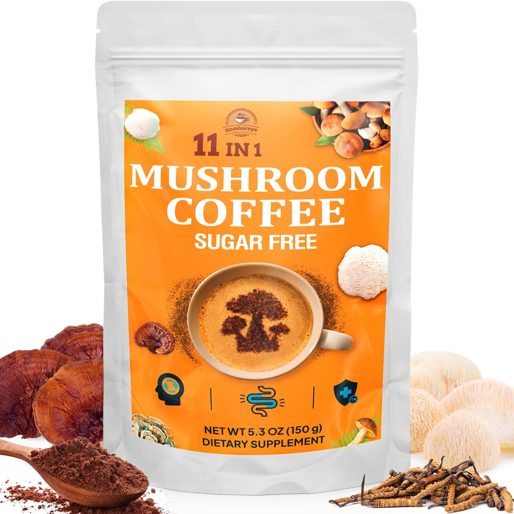 Café Cogumelo - Cogumelo Café Orgânico com 11 Cogumelos Superalimentares, Inclui Mane, Reishi, Chaga, Cordyceps e Adaptogens, Suplemento de Cogumelo para Energia, Foco, Memória e Imunidade - 5.3oz