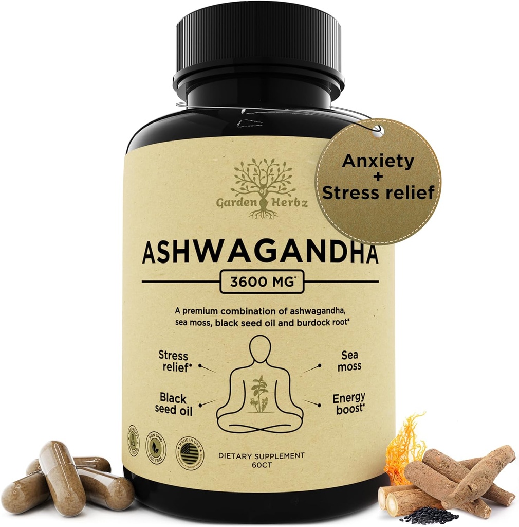 Orgânico Ashwagandha Root & Irish Sea Moss – 3.600 mg Suplemento Ashwagandha com óleo de semente preta, & Burdock Root – Suplemento de ervas para energia, alívio de estresse, força extra, 60 Caps