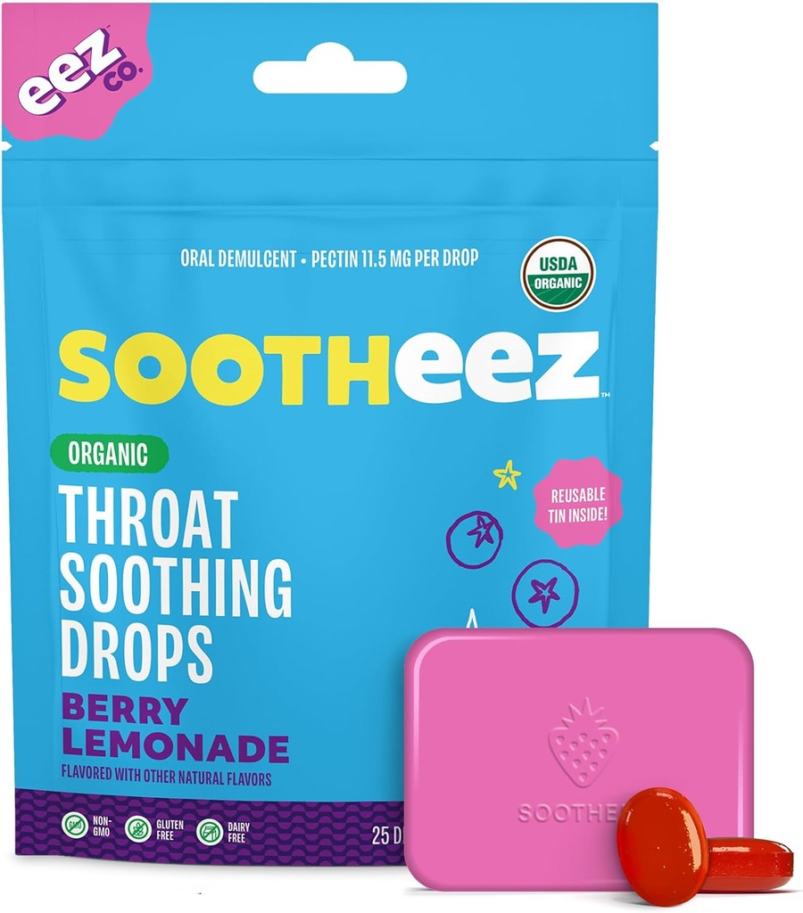 Garganta Orgânica Sootheez calmantes gotas para adultos, limonada de berry, 25 Conde, recarregável, grandes gotas de prova que acalmam gargantas doloridas