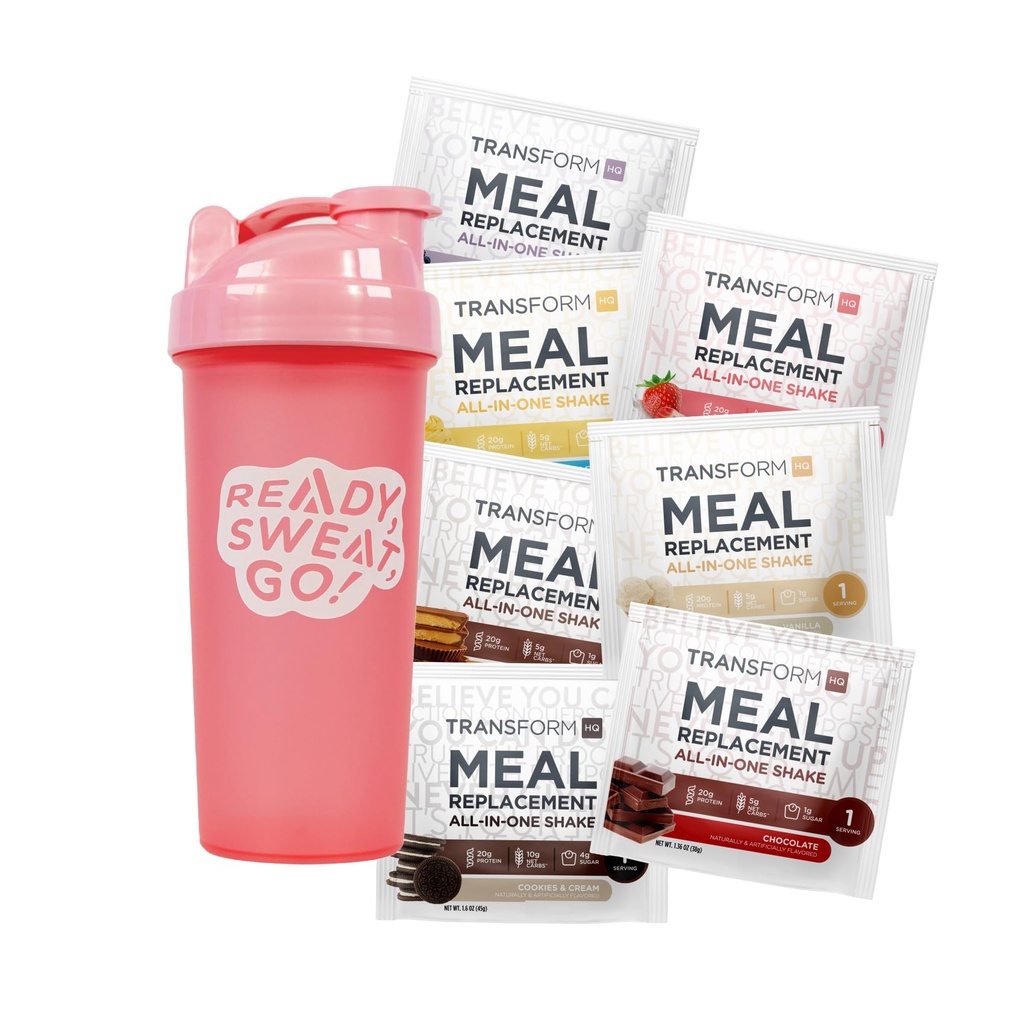 TransformHQ Replacement Shake Variety Box com Shaker rosa, 7 pacotes de shake de serviço único