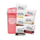 TransformHQ Replacement Shake Variety Box com Shaker rosa, 7 pacotes de shake de serviço único