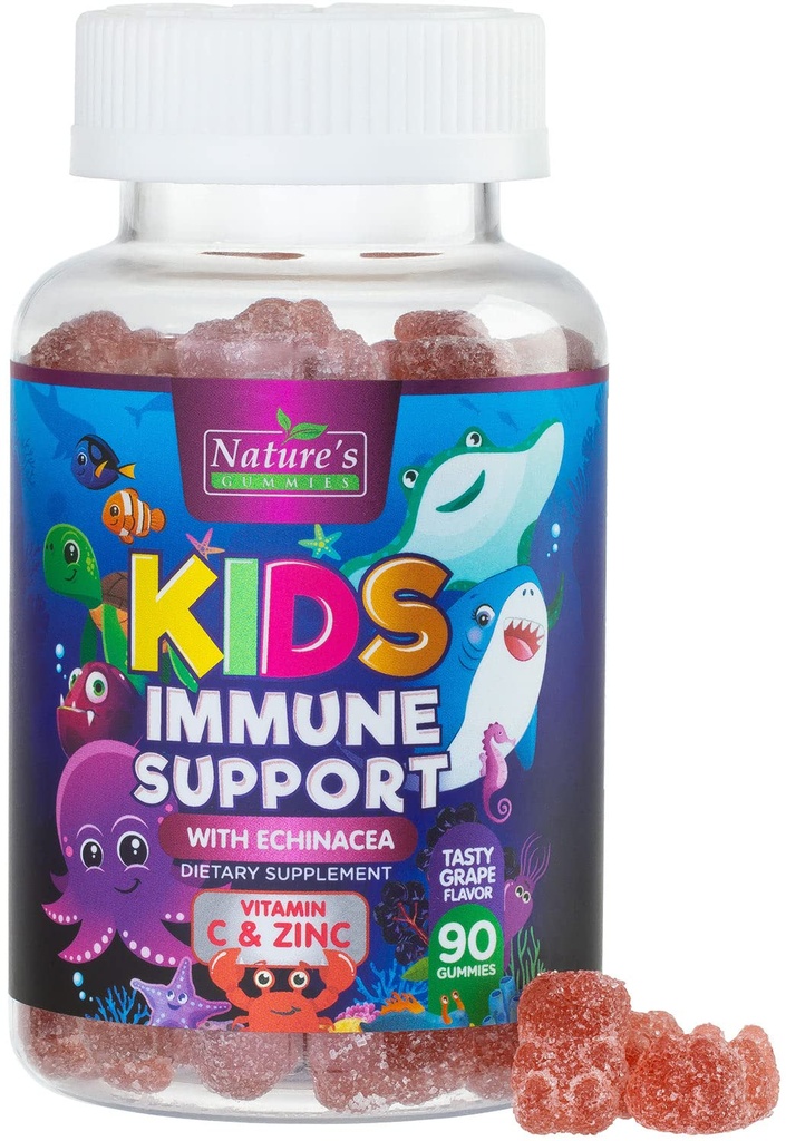 Kids Imune Supply Supplement Gummies - Vitaminas C, Zinco e Echinacea para Crianças Immunity Support, Idades 4 e para cima, Natural sabor Berry, Não-GMO, Gluten-Free & Vegan - 90 Gummies
