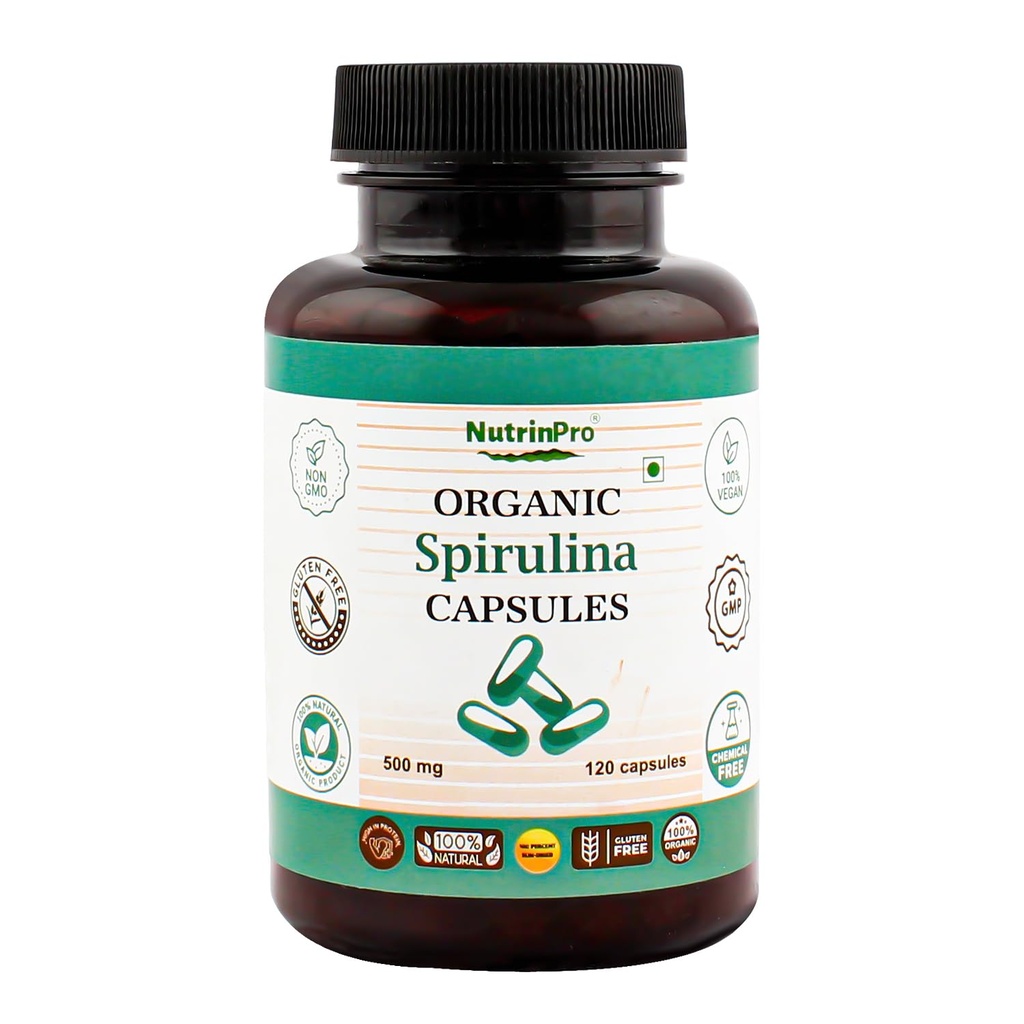 USDA Organic Spirulina Cápsulas - 100% Puro Vegan Supplement, Non-GMO, Gluten-Free, Chemical-Free, (120)