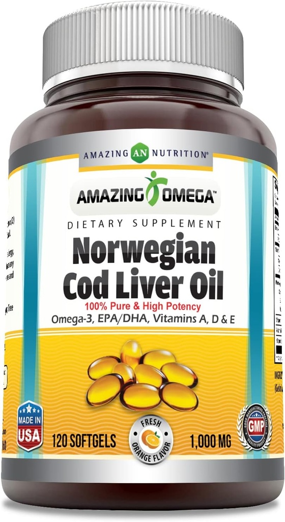 Incrível Omega Norueguês Bacalhau Óleo de fígado (Omega-3, EPA / DHA) Suplemento □ 1000 Mg Por Servindo □ 120 Softgels