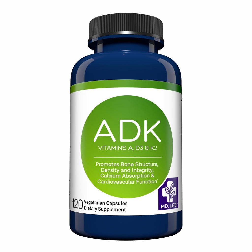 MD.LIFE ADK Suplemento Vitamina – Vitamina D3 K2 e um complexo – 120 cápsulas – Vitamina ADK de alta potência para suporte de saúde óssea e cardíaca