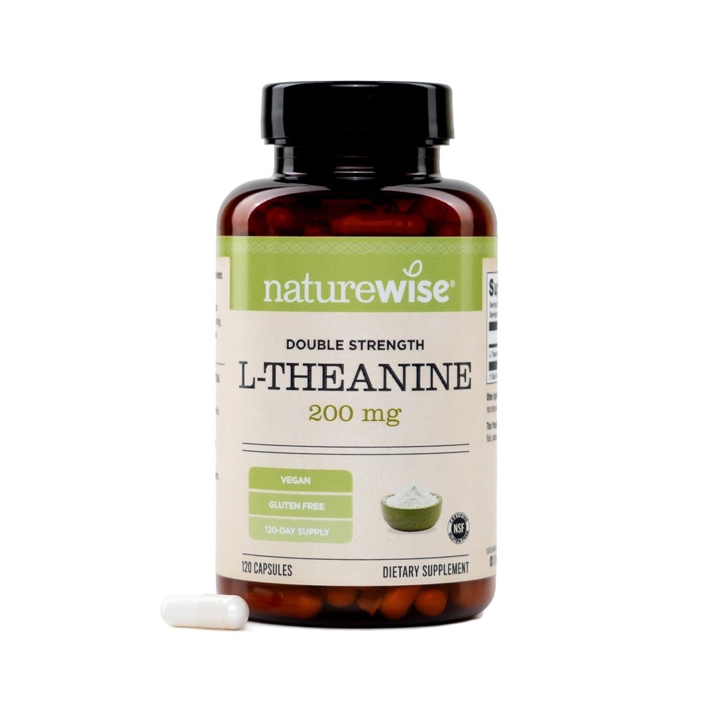 NaturezaWise Dupla Força L-Theanina 200mg - Vegan L Theanina Suplemento para Relaxamento + Apoio ao Sono - NSF certificado L-Theanina - Não-GMO, EUA Fabricado - 120 Cápsulas[120 fornecimento dia]