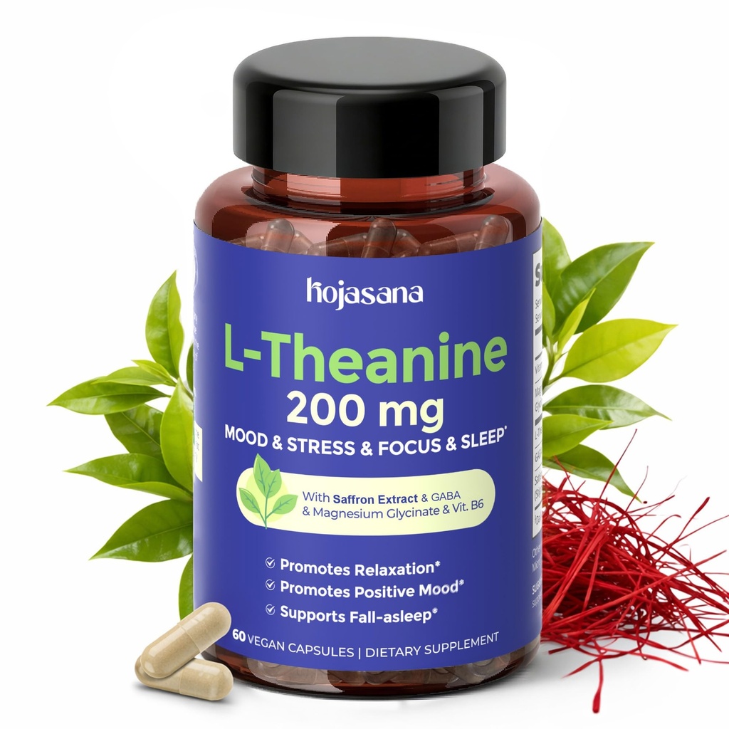 L Theanina 200mg com açafrão, GABA, Glicinato de magnésio e vitamina B6, L-Teanina Suplemento Fórmula complexa avançada para relaxamento de humor e alívio de estresse e apoio ao sono, 60 Cápsulas Vegan