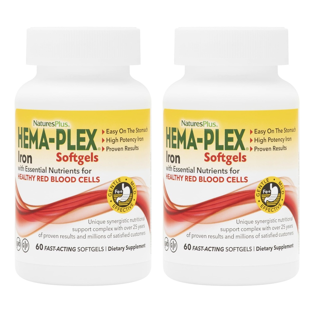 NaturezasPlus Hema-Plex Iron - 60 Fast-Acting Softgels - 2 Pack - 85 mg Ferro + Vitamina C & Bioflavonóides para células sanguíneas vermelhas saudáveis - Vegan, Gluten Free - 40 Total Servings
