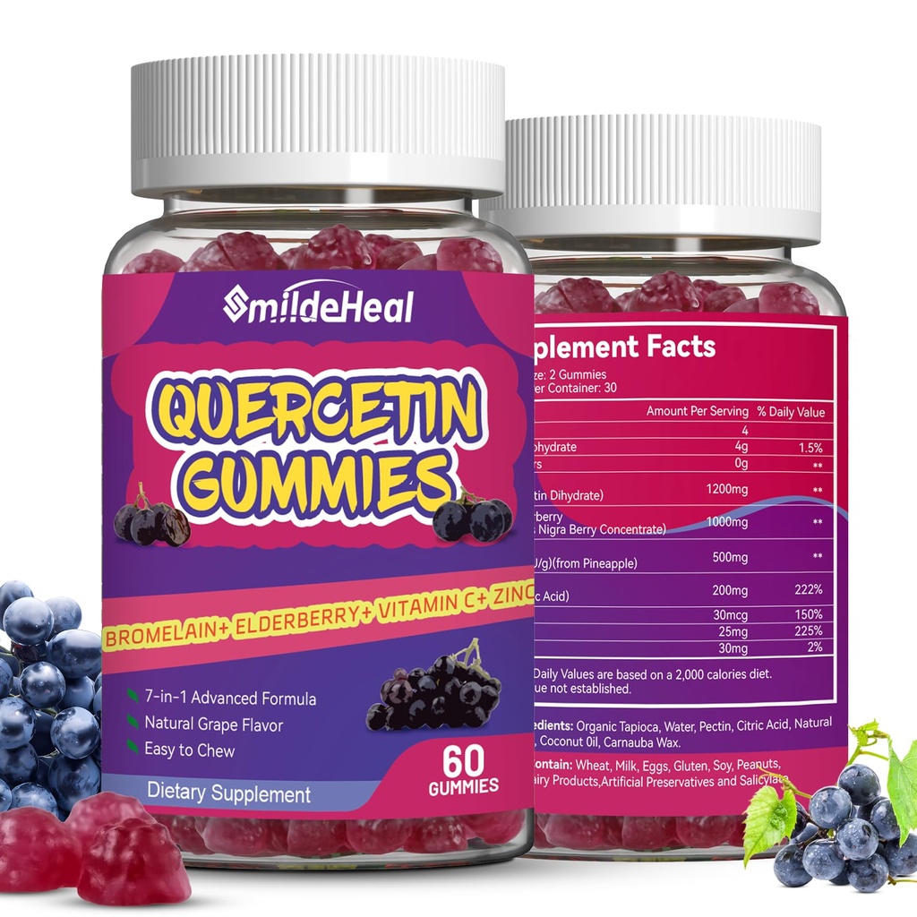 2 Pacote Quercetin Gummies 1200MG, Quercetin Gummies com bromelaína, Zinco Vitamina C, Sistema imunológico Gummy Vegan para Adulto & Kid, 120 Vegan