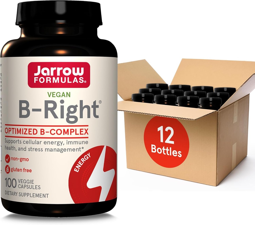 Jarrow Fórmulas B-direita, Complexo B otimizado com Vit B1, B2, B5, B6, B12 e B9 para apoiar energia celular, saúde imune e gerenciamento de estresse, 100 bonés vegetarianos, até uma fonte de 100 dias, pacote de 12
