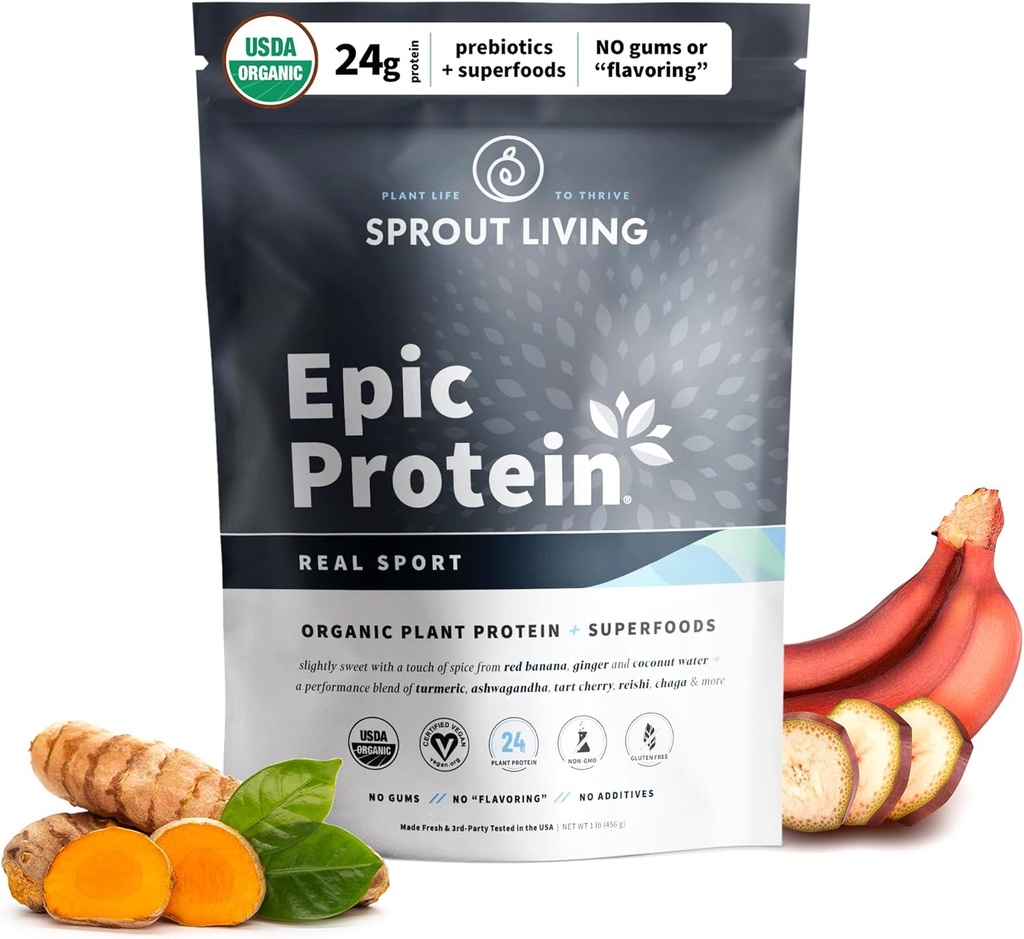 Sprout Viver, Proteína épica, Proteína baseada em plantas & Superalimentos em pó, Real Sport 24 Grams Organic Protein Powder, Recuperação, Vegan, Não lácteos, Não-GMO, Glúten Livre, Baixo açúcar (1 libras, 12 Servings)