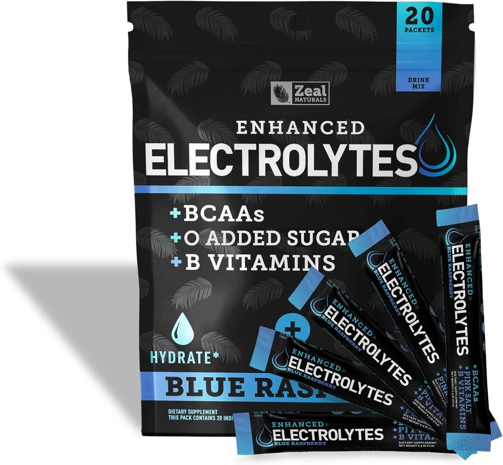 Eletrolítico Melhorado Pacotes de varinha em pó (Azul Framboesa 20 Packets) w/ 0 Açúcar +BCAAs +B-Vitaminas Suplemento de electrólito w Zinco de potássio e magnésio para Hidratação - Eletrólitos de Keto