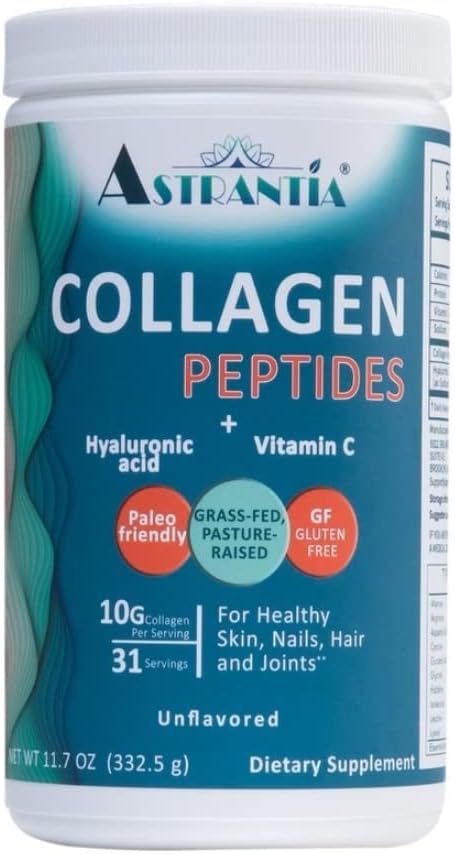 ASTRANTIA Colágeno Peptídeos Pó, Grass-alimentado Colágeno não aromatizado com ácido hialurônico e vitamina C para unhas saudáveis, pele, cabelo e articulações