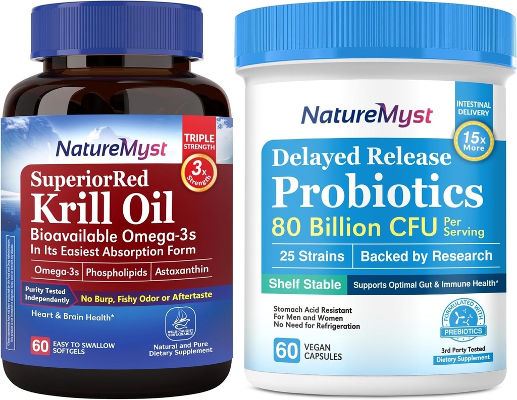 Krill Oil 1000mg e Probióticos Bundle, Omega 3s com DHA EPA & Astaxantina, mais 80 bilhões UFC 25 Strains, Gut, Heart & Imune Function, Non-GMO, Made in USA, 60 Softgels + 60 Cápsulas