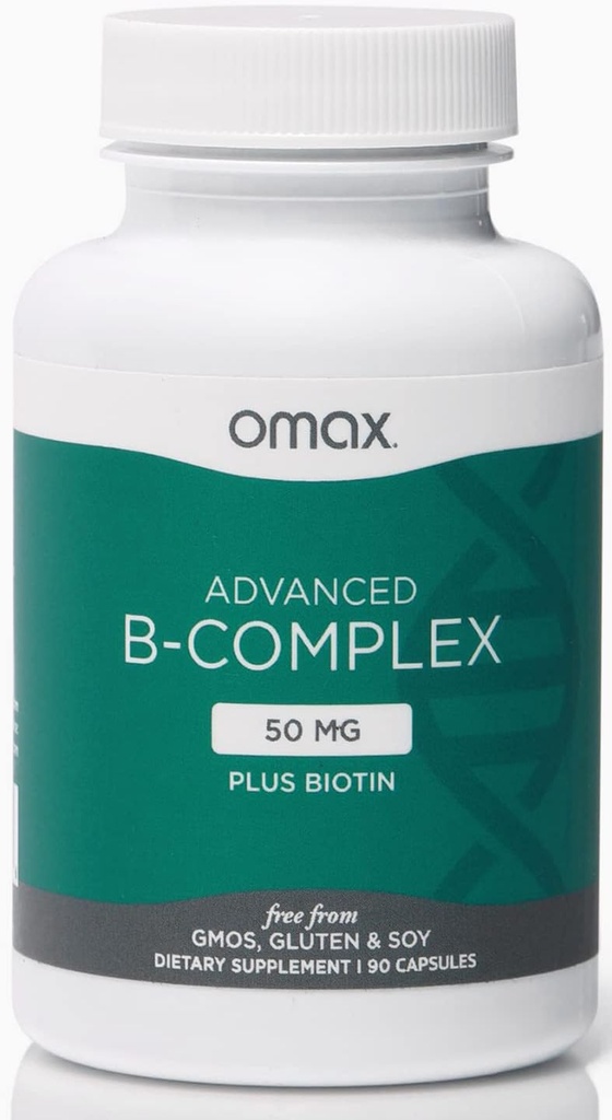 Omax3 Advanced Vitamina B Complex 50MG com Biotina, cabelos fortes e brilhantes, unhas da pele, Estresse de apoio, Imunidade, Metabolismo de Energia, 90 Cápsulas