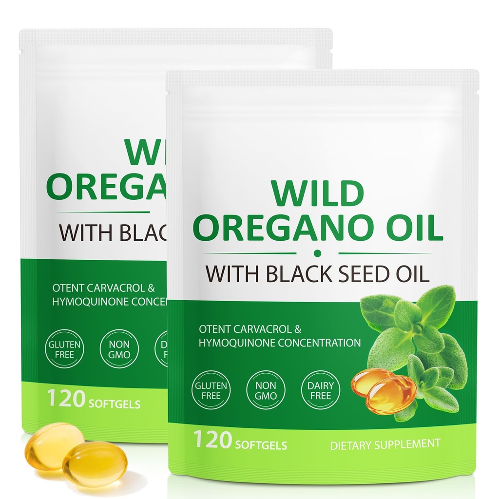 Óleo de Orégano Softgels 6000mg, 2 em 1 Formulado com óleo de semente preta 200mg, Suporte Imune, Cápsulas de óleo Orégano Orgânico, Suplemento de Defesa Natural, Não-GMO, Fácil de engolir, 240 Softgels
