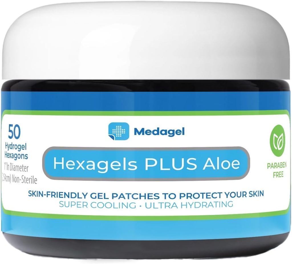 Hexagels Plus Aloe Vera - Advanced Healing Hydrogel Pads for Blister Prevention & Soothing Burn Care - Pé, calcanhar, dedo do pé, & Proteção do tornozelo, pacote de 50, patches de 1 polegadas, por Medagel, Fórmula Paraben Free