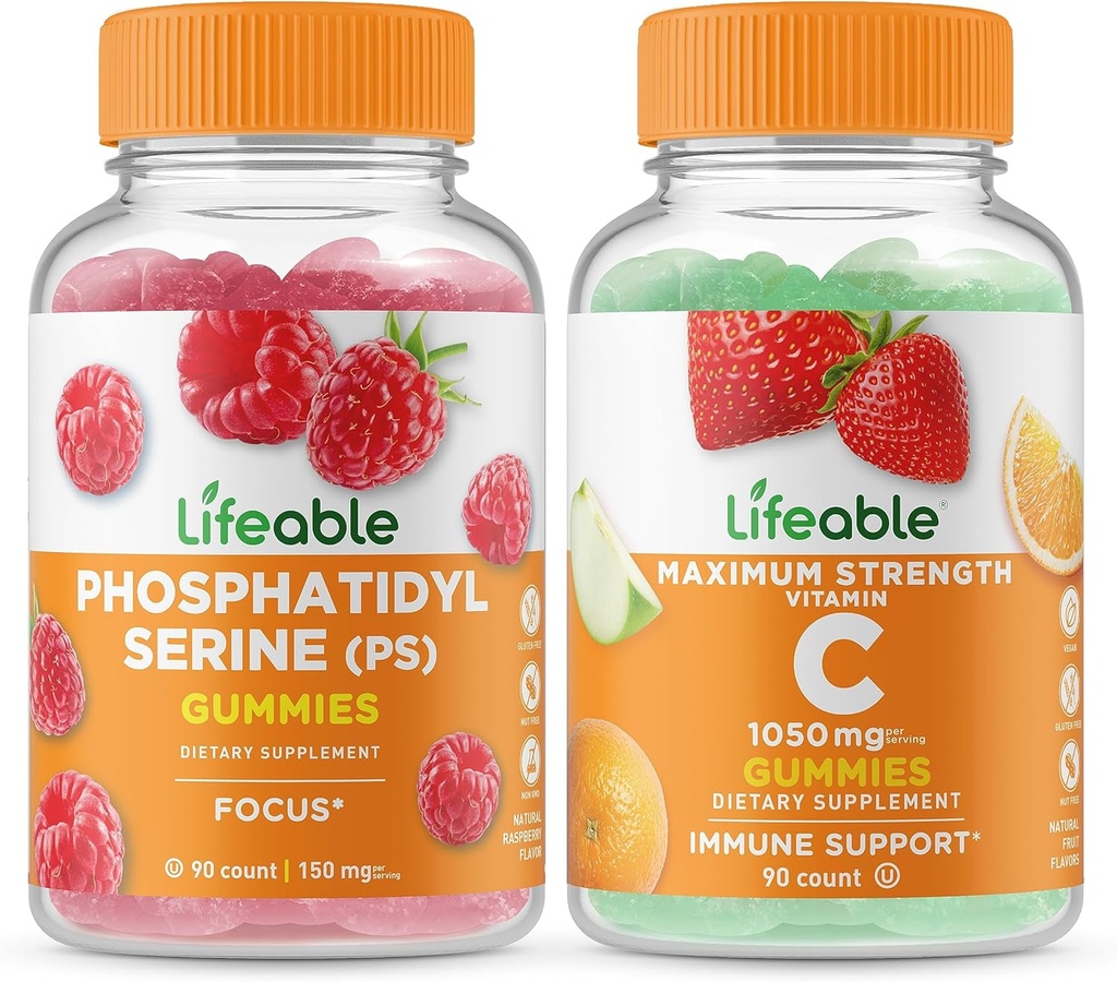 Fosfatidilserina vitalizável (PS) + Vitamina C 1050mg, Gummies Bundle - Grande Degustação, Suplemento Vitamina, Glúten Livre, GMO Livre, Gummy mastigável