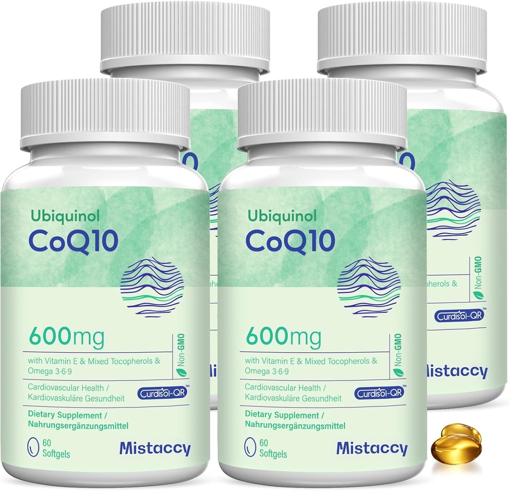CoQ10 600mg Softgels (Alta Absorção) CoQ10 Ubiquinol Supplement (Suplemento de Ubiquinol) Forma reduzida aprimorada com Vitamina E & Omega 3 6 9