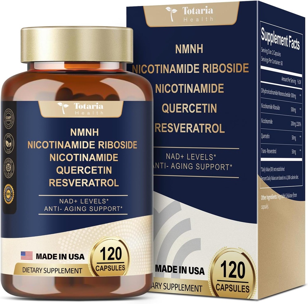 Totaria NMNH (Dihidronicotinamida Mononucleotídeo), NMNH Suplemento w/Niacinamida (Vitamina B3), Quercetina, Trans-Resveratrol, Suporte NAD+, Saúde da Célula da Pele*, Antienvelhecimento & Energia, 120 Caps