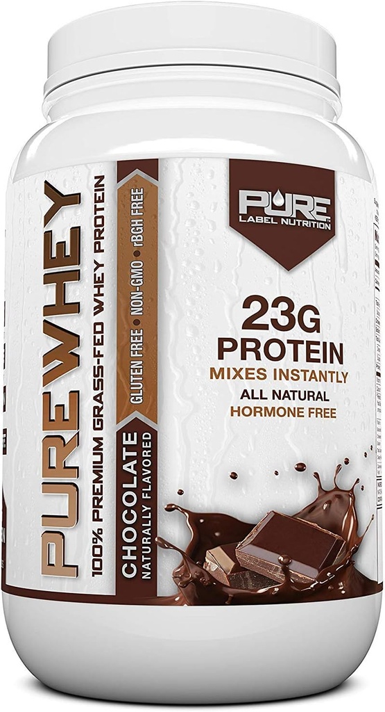 Pure Label Nutrition 100% grama-alimentado, Chocolate Whey concentrado proteína em pó (24g) com aminoácidos essenciais, para pré e pós treino de recuperação e construção muscular, baixa gordura e baixo carboidratos - 2lbs