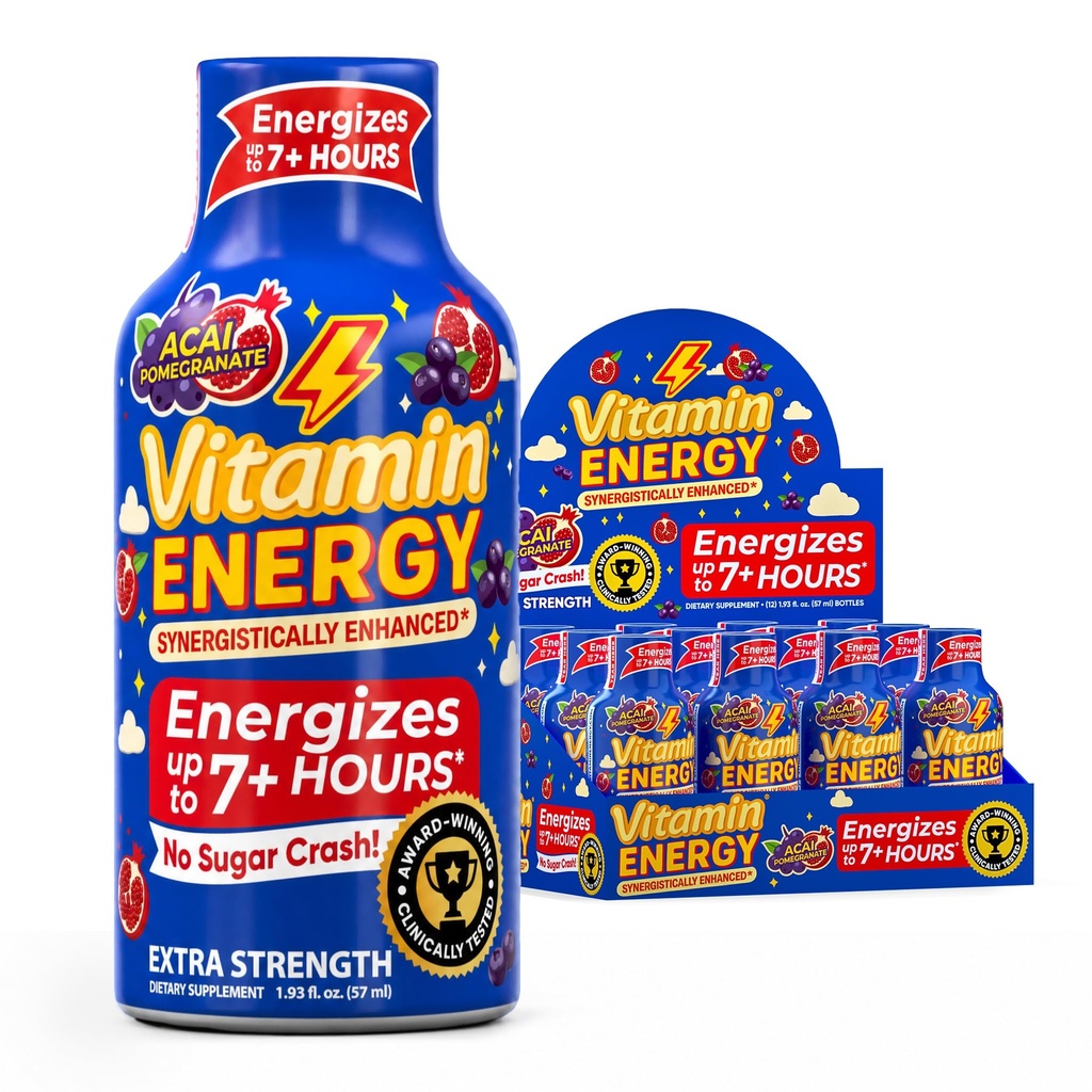 Vitamina Energia B12 11.000% Força extra Energia Shot Açaí Romã 12 Pack, 260mg Cafeína Natural, B12 & B6, Foco Nootrópico, Vitalidade, Açúcar Zero, Sem glúten, Vegan, Kosher, 1,93 fl oz