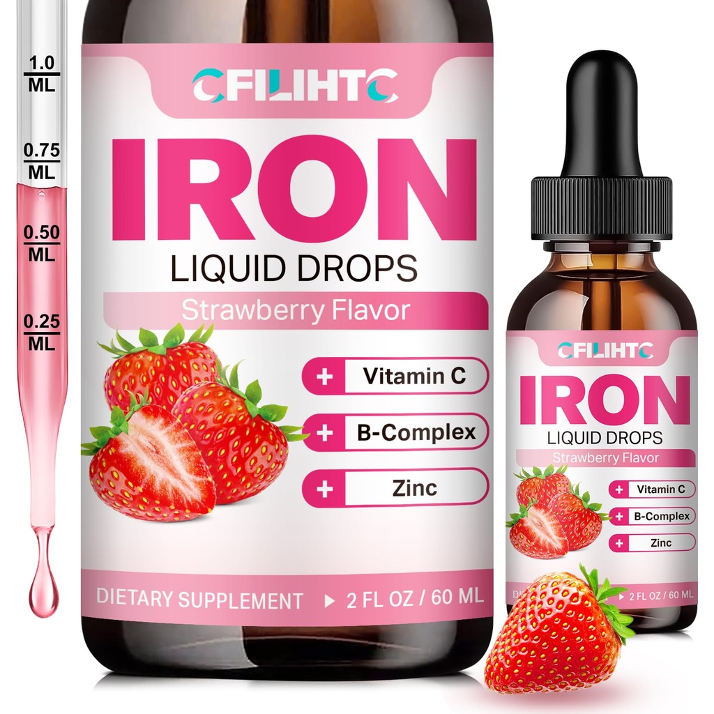 Suplemento de Ferro Líquido para Mulheres Homens & Crianças Gotas de Ferro Multivitamínico com Folato, Vitamina C, B6, B12, Zinco para Anemia, Deficiência de Ferro, Construtor de Sangue, Energia - Natural Strawberry Flavor, Vegan 2 Fl Oz