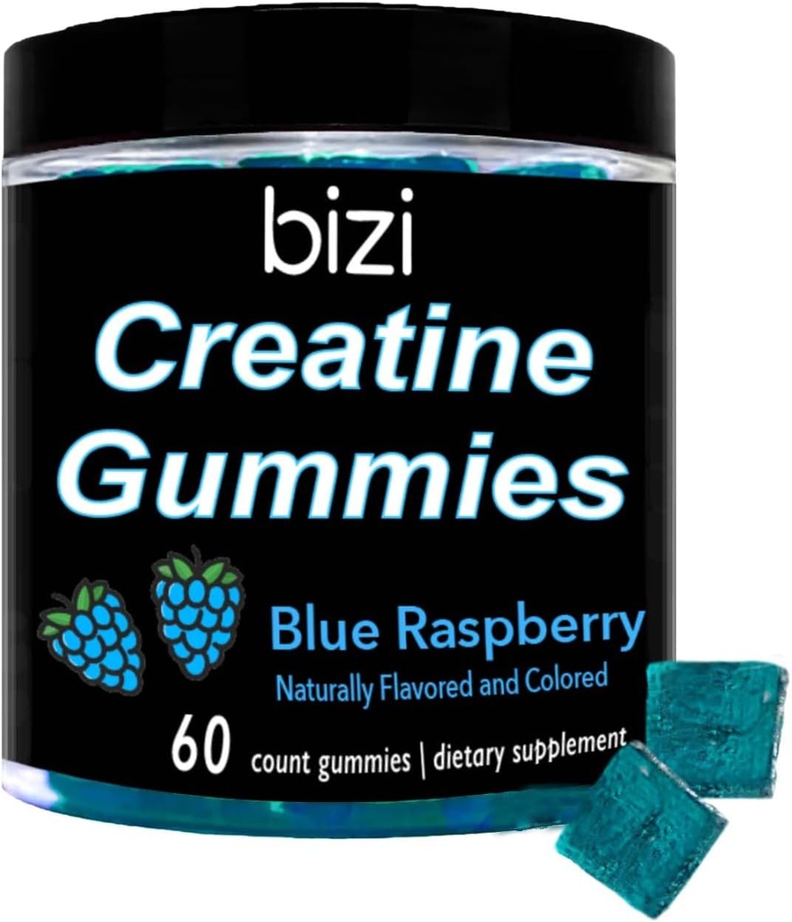Bizi Creatina Gummys para homens e mulheres - 1g de Creatina Monohidrato por Gummy - Melancia sabor - treino, crescimento muscular, e Recuperação Suplemento- Vegan & Gluten Free (60 ct) (Azul framboesa)