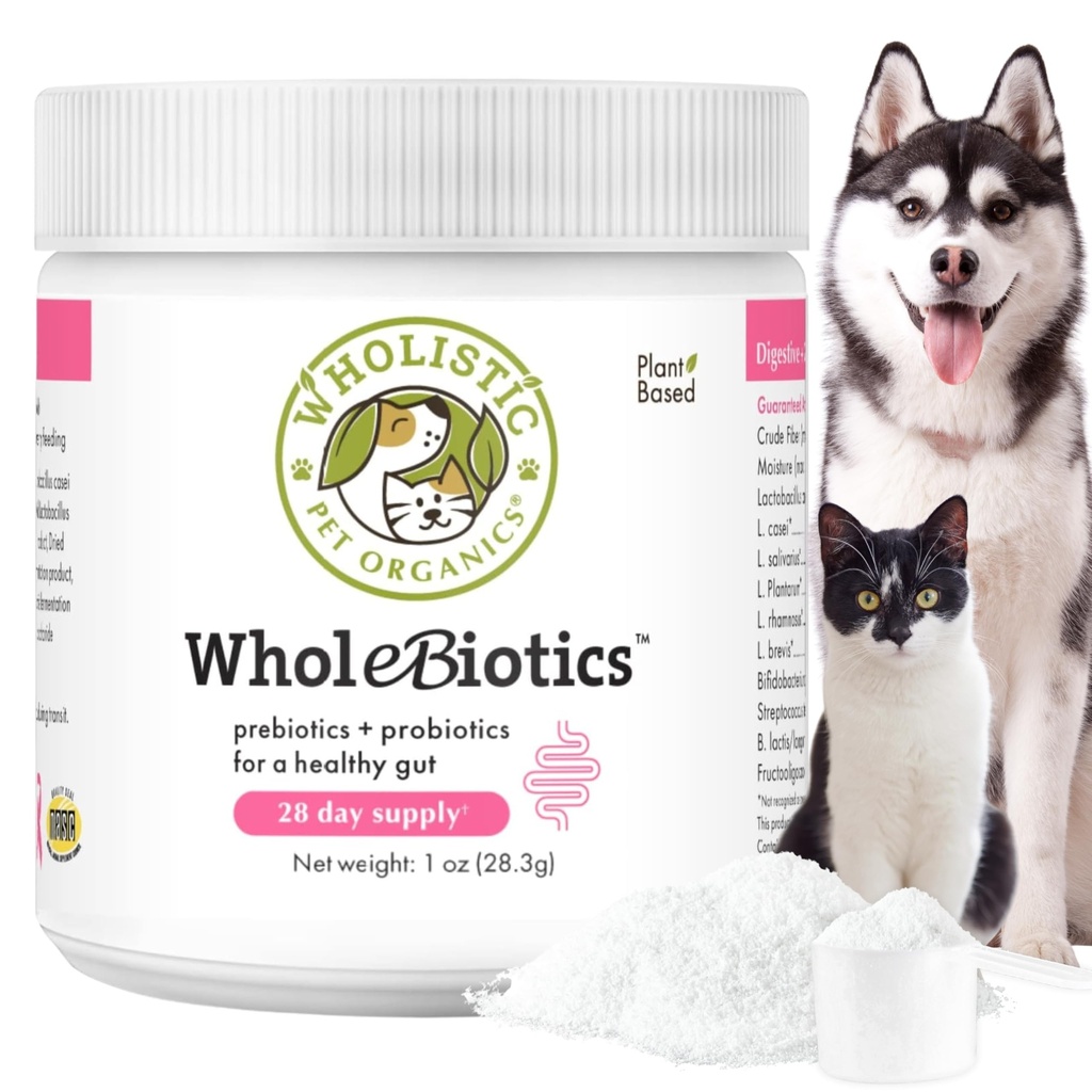 Wholistic Pet Organics WholeBiotics - Dog Probióticos Digestive Health Support & Imune Boost - 9 Strains - Prebióticos & Probióticos para cães & gatos - Gut Saúde para cães - 1 Oz - 28 Scoops