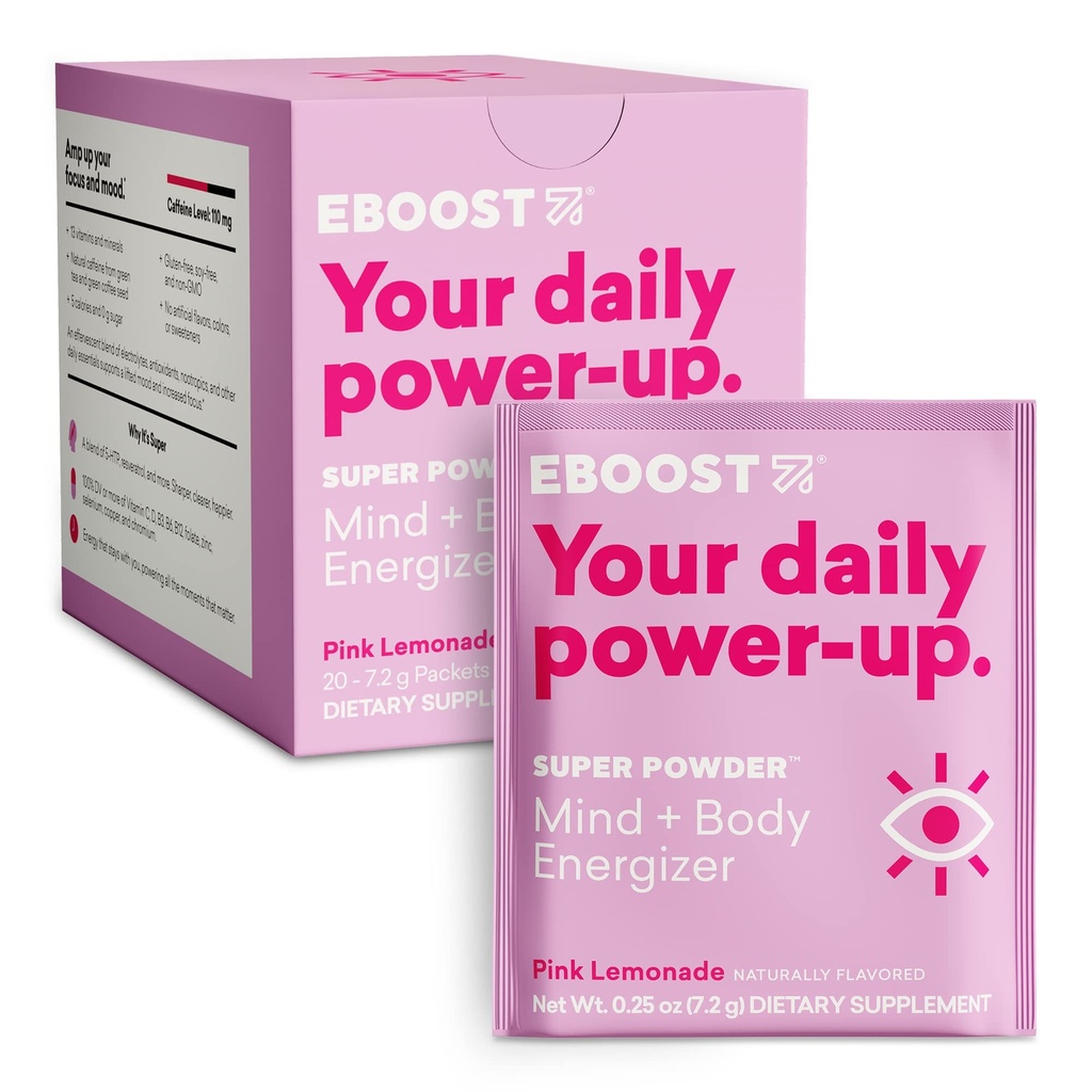 EBOOST Energia Beber & Eletrolítico em pó, 20 pacotes - Super pó de limonada rosa com açúcar não adicionado - mistura essencial de vitaminas, nootrópicos e cafeína natural e hidratação - pré e pós-treino
