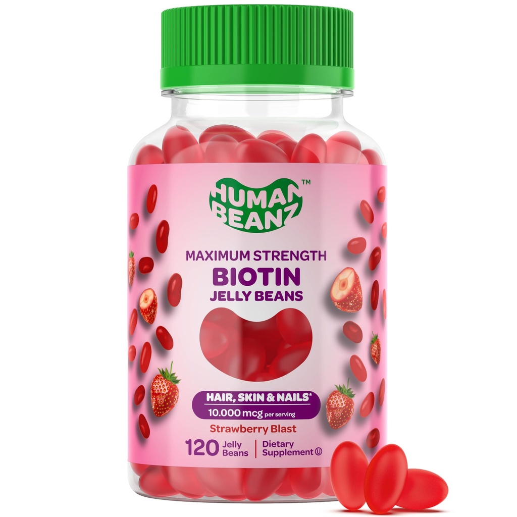 Biotin Jelly Bean Gummy Vitaminas, Max força Biotin para cabelos, pele e unhas, 10.000mcg por serviço, Vitaminas do crescimento do cabelo para homens e mulheres, 120 Morangos Blast Jelly Beans, Kosher