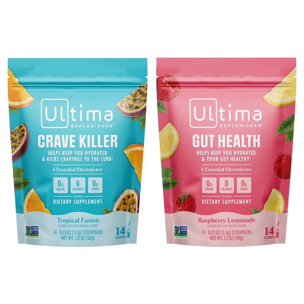 Ultima Replenisher Electrolyte Powder Drink Mix Bundle – Açúcar grátis – Crave Kill and Gut Health, 14 Stickpacks – 6 Eletrolitos e Minerais – Keto Friendly, Vegan, Non-GMO