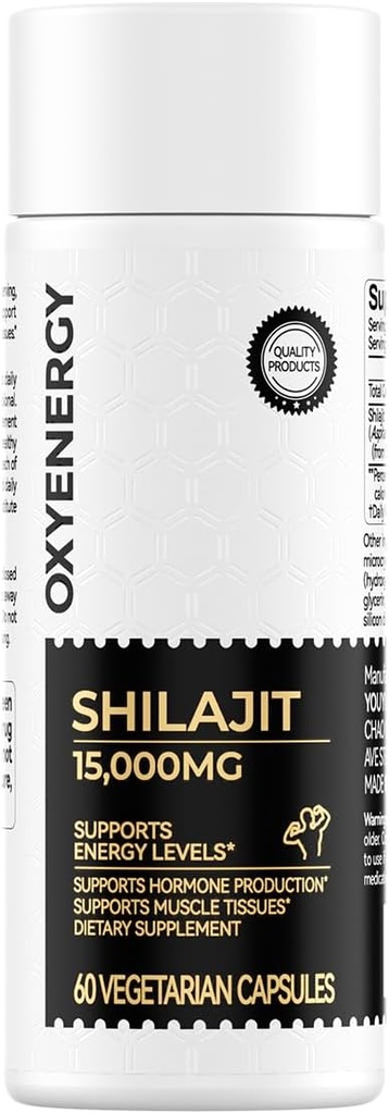Cápsulas OxyEnergy Shilajit para Homens e Mulheres,Pure Himalayan Shilajit 15,000mg,Stamina & Imune Support,60 Cápsulas Vegetarianas