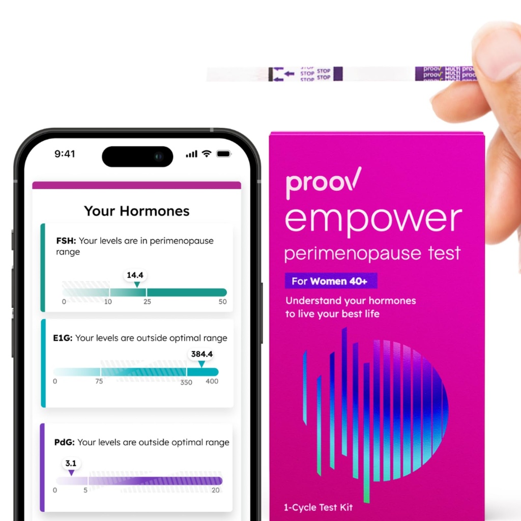 Proov - Empower Hormone Tracker em casa - para as mulheres 30-40+ - Entenda seu equilíbrio hormonal e estágio de perimenopausa - Medidas FSH, LH, Estrogênio e Progesterona - Kit de teste de 1 ciclo