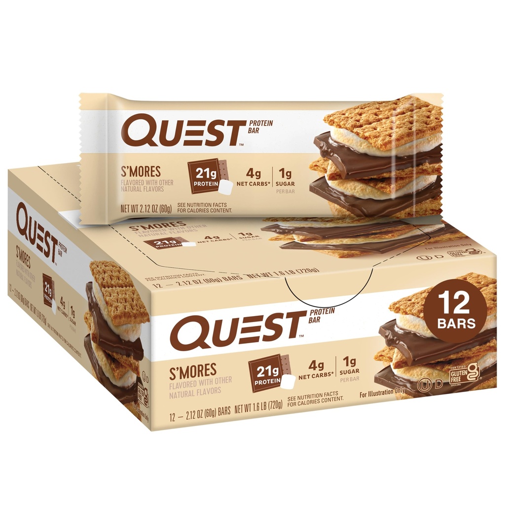 Quest Nutrition S'mores Protein Bars, 21g Protein, 1g Sugar, 4g de carboidrato líquido, Gluten Free, Keto Friendly, 12 Count