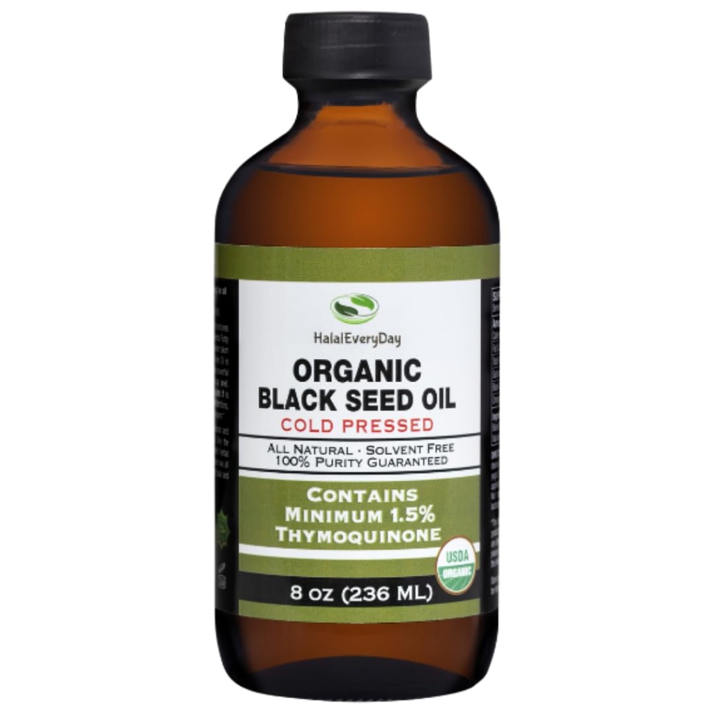 Óleo de Sementes Negras Orgânicas - USDA Garrafa de vidro prensada a frio Mais de 1,5% Thymoquinone 3X força Turkey Black Cumin Nigella Sativa non-GMO 100% Puro óleo de semente preta (8 oz garrafa de vidro)