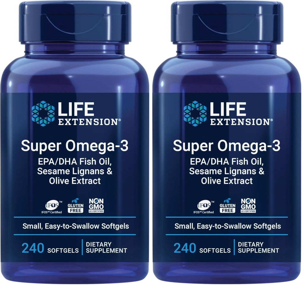 Extensão de vida Super Omega-3 EPA / DHA Óleo de peixe, Lignans Sésamo e Extrato de Oliva – Coração, Cérebro, Apoio à Saúde Inflamação, Sem glúten, Fácil de engolir, Não-GMO, 240 Softgels (Pacote de 2)