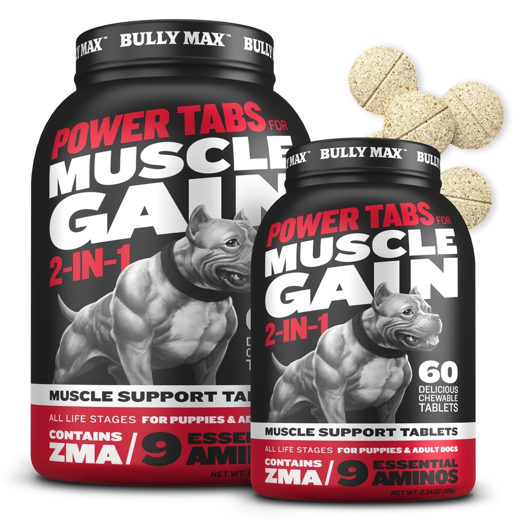 Bully Max 2-em-1 Muscle Builder Comprimidos mastigáveis para cachorros e cães adultos - Vitaminas e Suplementos para o ganho e crescimento muscular - Canine Puppy Multivitamins para todas as raças e idades - 60 tabs (2 garrafas)