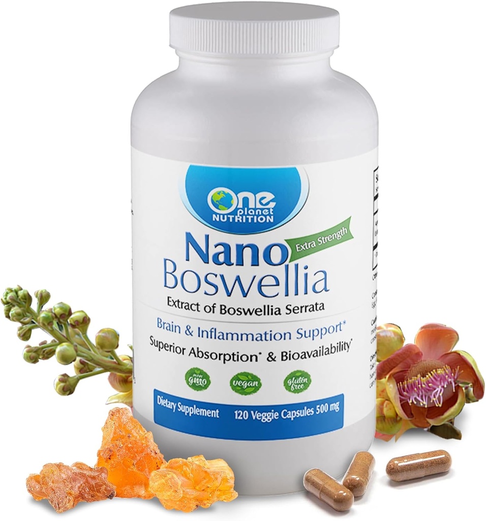 One Planet Nutrition Nano Boswellia 500 mg Cápsulas Veggie (120 Servings), Boswellia serrata Resin, Suporta função cognitiva para a saúde do cérebro, Não-GMO, Vegan, Gluten-Free