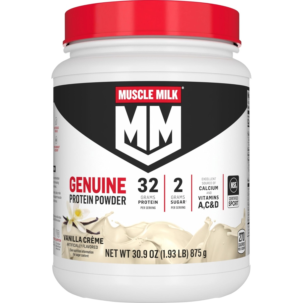 Leite Muscle Genuine Protein Powder, Vanilla Crème, 1,93 Libras, 12 Servings, 32g Protein, 2g Açúcar, Cálcio, Vitaminas A, C & D, NSF Certified for Sport, Energizing Snack, Embalagem May Vary