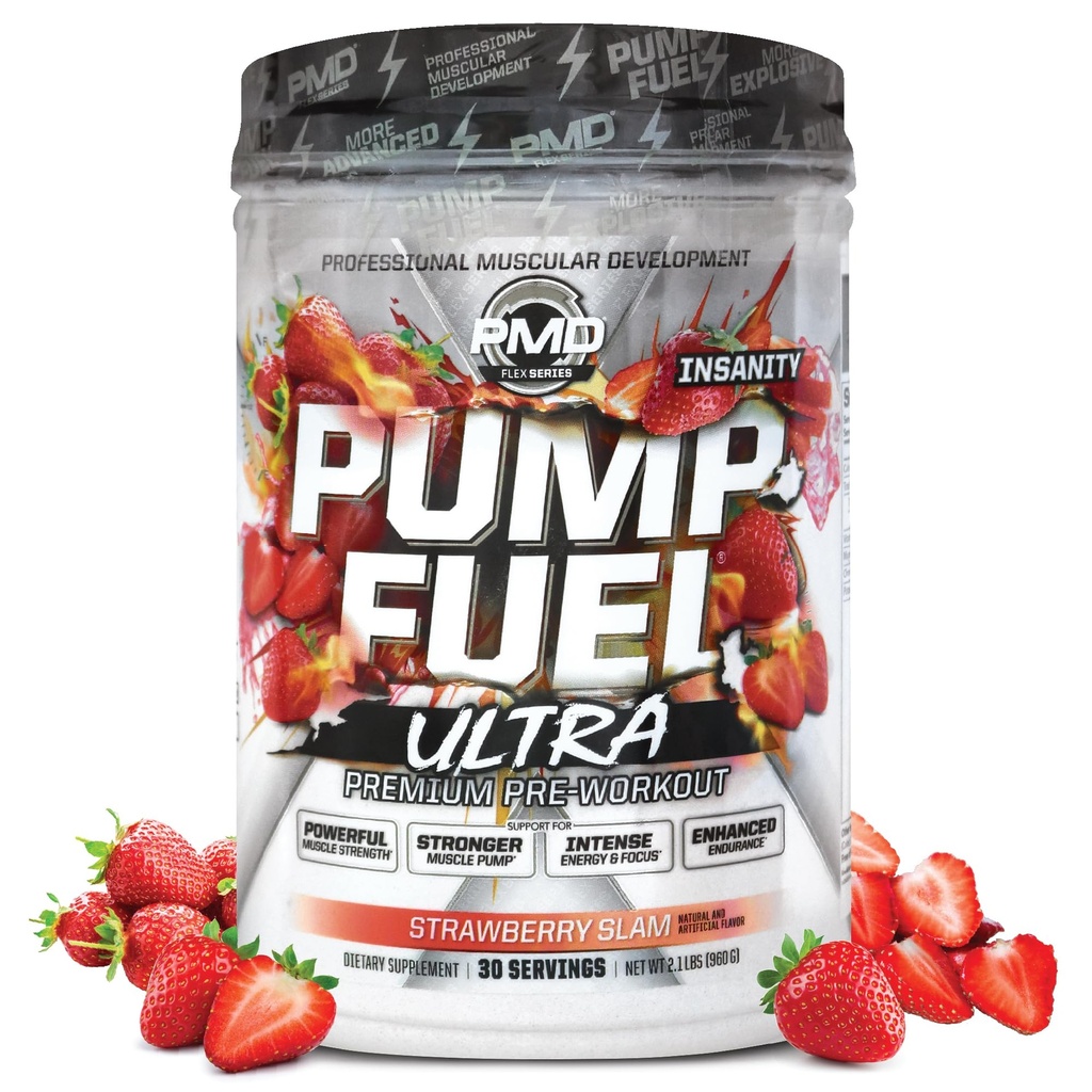 PMD Bomba Desportiva Combustível Ultra Insanidade - Bomba Premium pré-treino em pó e músculo, maior foco, resistência e recuperação, Creatina Premium, Arginina e Beta Alanine - Strawberry Slam (30 Servings)